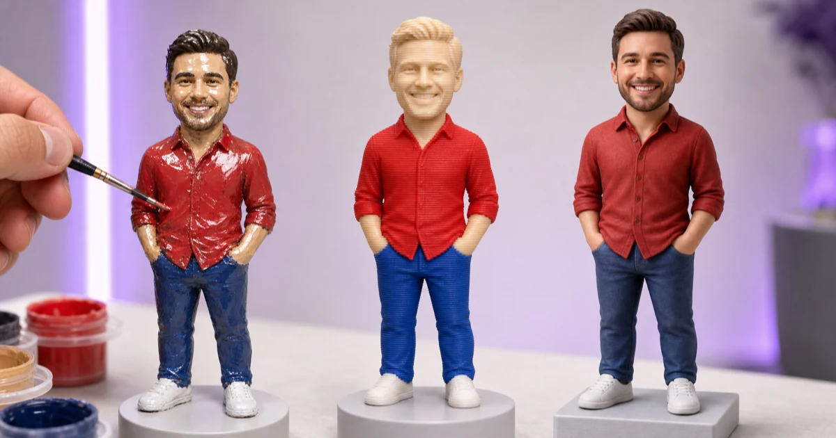 Comparaison de trois figurines : peinte à la main, imprimée en filament et imprimée en couleur haute définition dans la masse