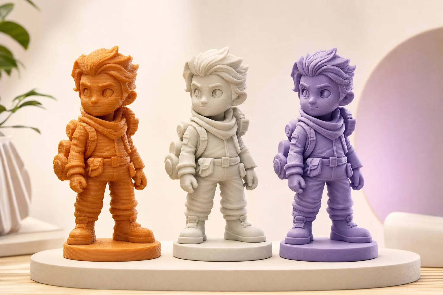 Comparatif PLA ABS résine pour figurine 3D personnalisée côte à côte