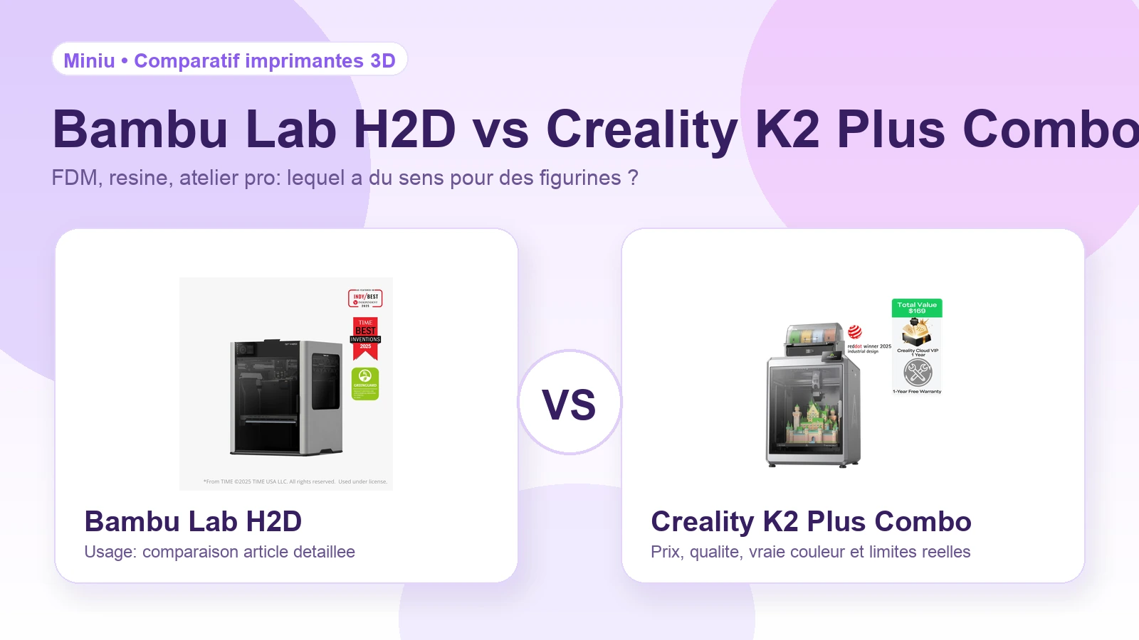 Illustration Miniu Bambu Lab H2D vs Creality K2 Plus Combo