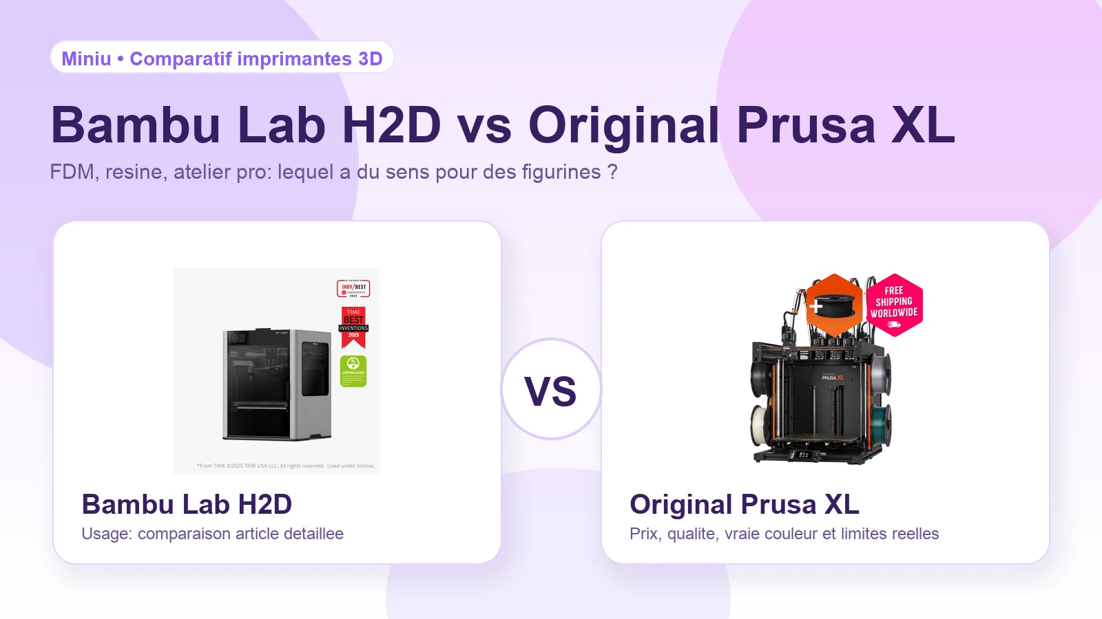 Illustration Miniu Bambu Lab H2D vs Prusa XL