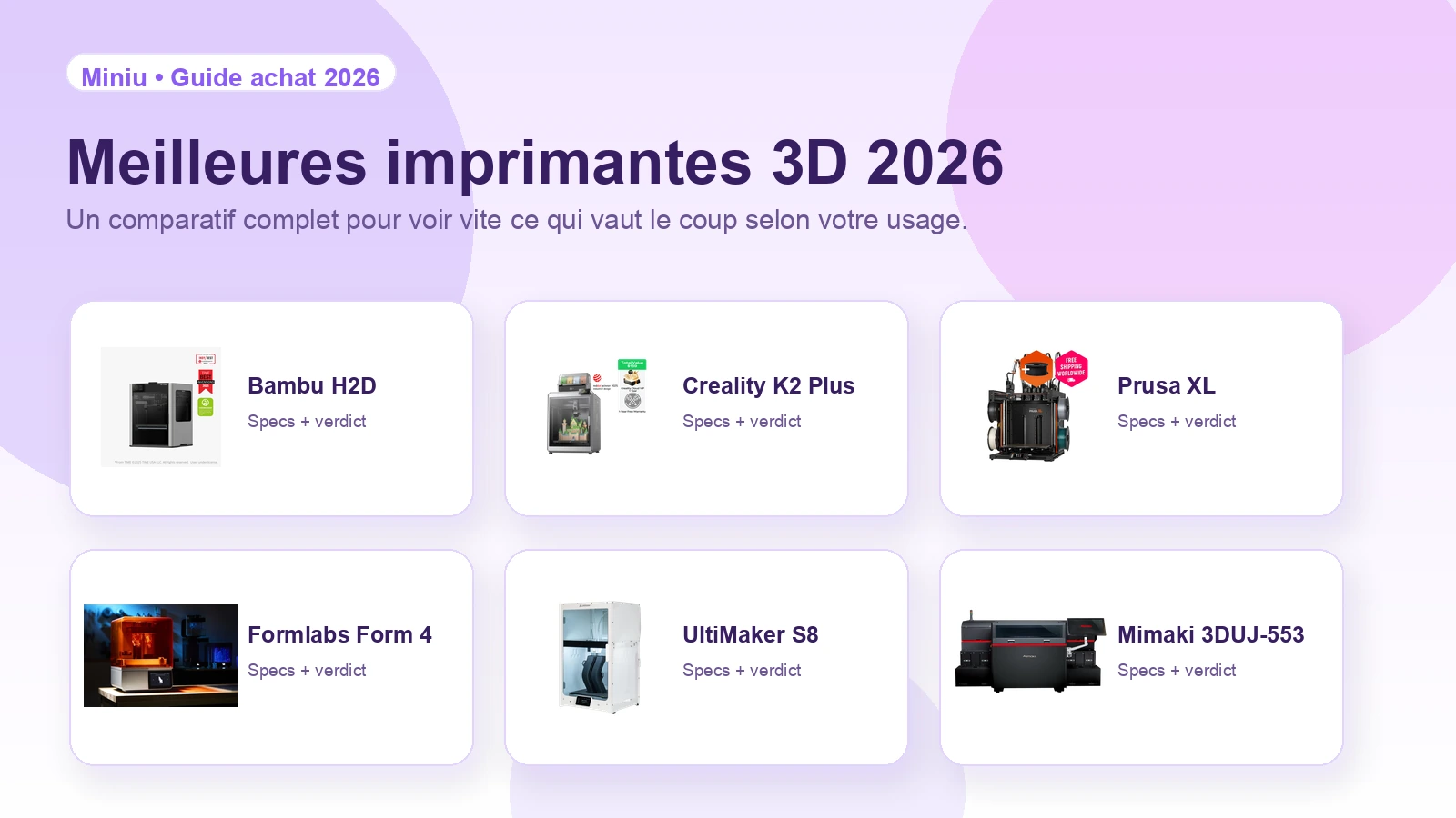 Illustration Miniu des meilleures imprimantes 3D 2026