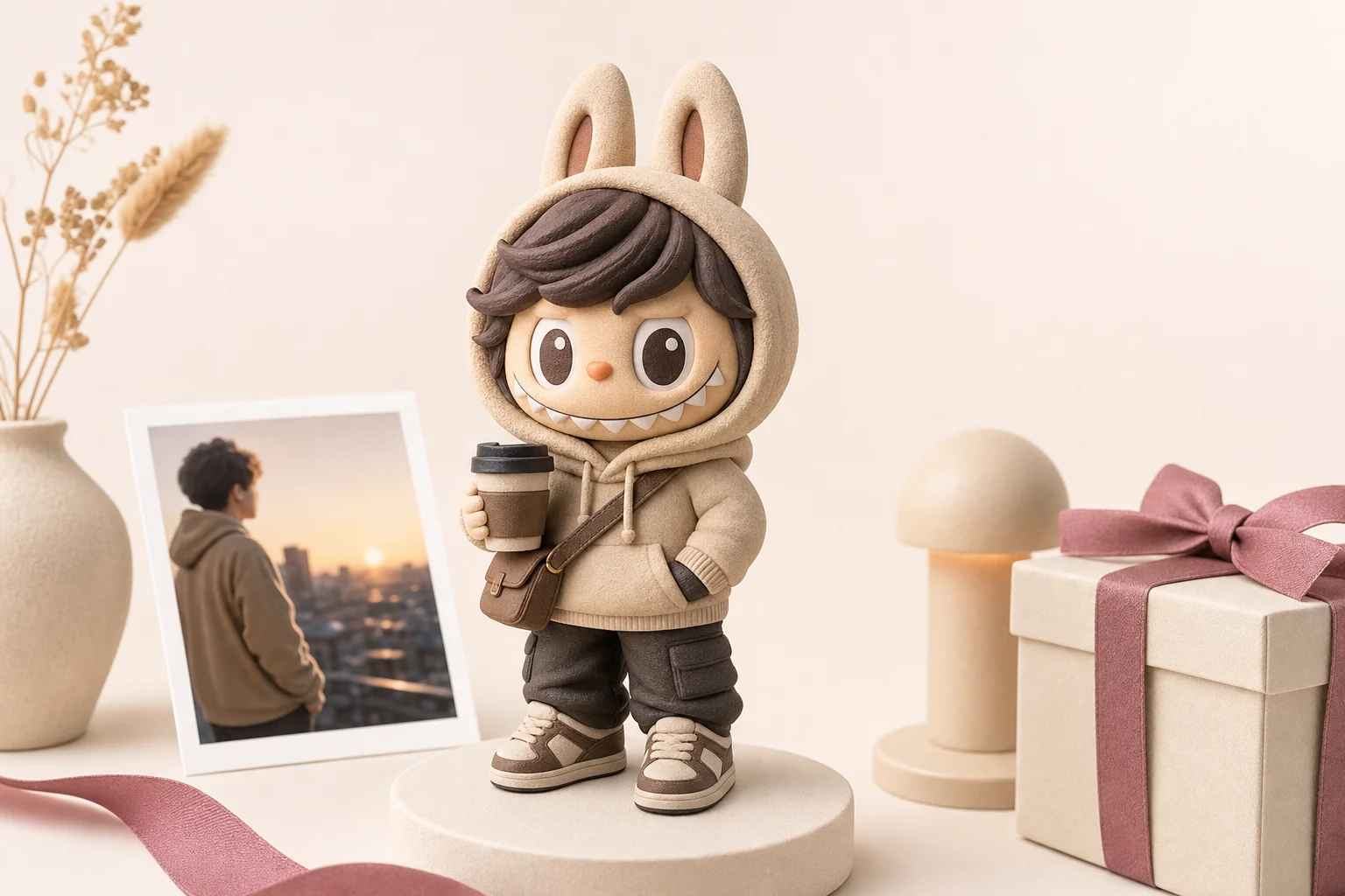 Labubu collector posé à côté d'une figurine 3D personnalisée en résine mate représentant un vrai visage
