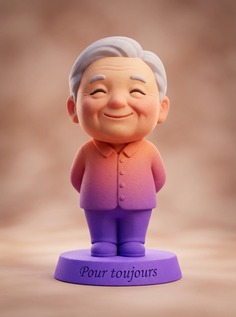 Figurine 3D mémorial posée délicatement dans un cadre intime et chaleureux