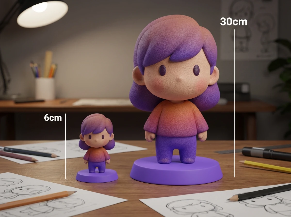 Comparaison entre une figurine miniature 3D et une statue personnalisée grand format