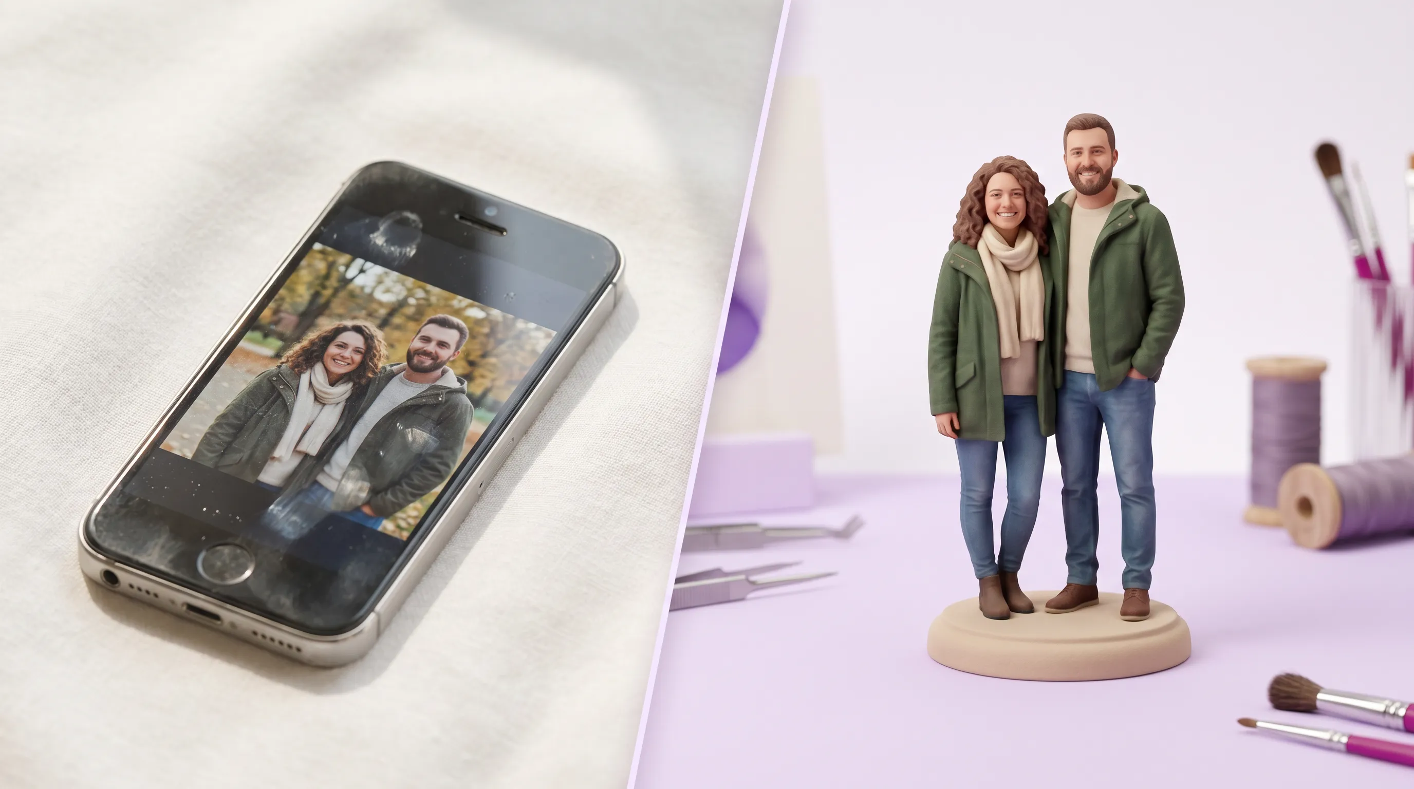 Avant apres Miniu montrant la photo source puis la figurine 3D finale en resine HD