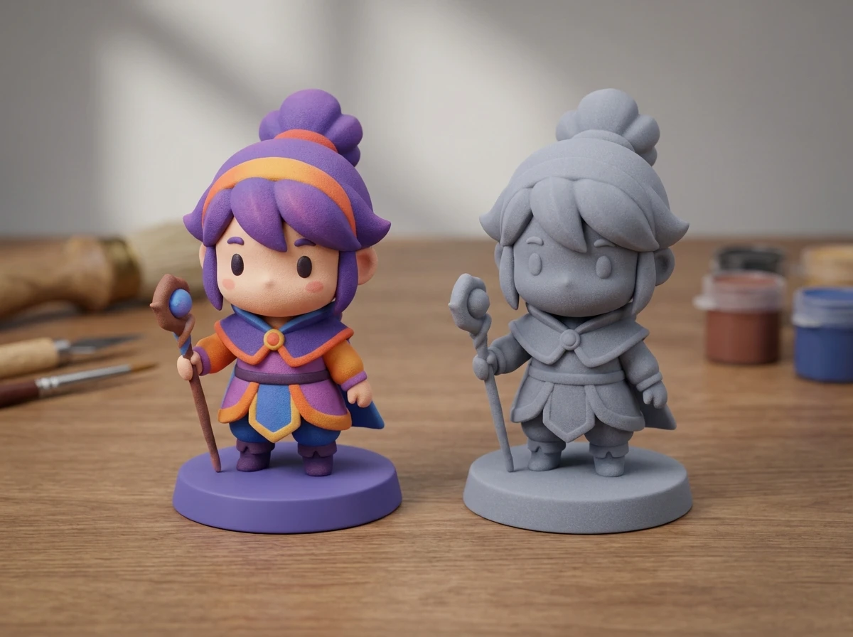 Comparaison entre une figurine 3D peinte à la main et une figurine résine couleur