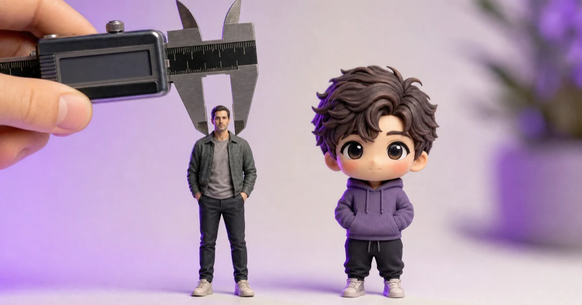 Comparaison de la taille de la tête entre une figurine réaliste et une figurine chibi de 8 cm, mesurée au pied à coulisse