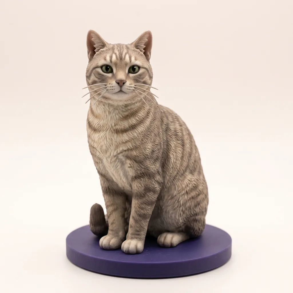Figurine personnalisée d'un chat tigré assis, queue enroulée autour des pattes avant, marquages du pelage et port d'oreilles nettement visibles