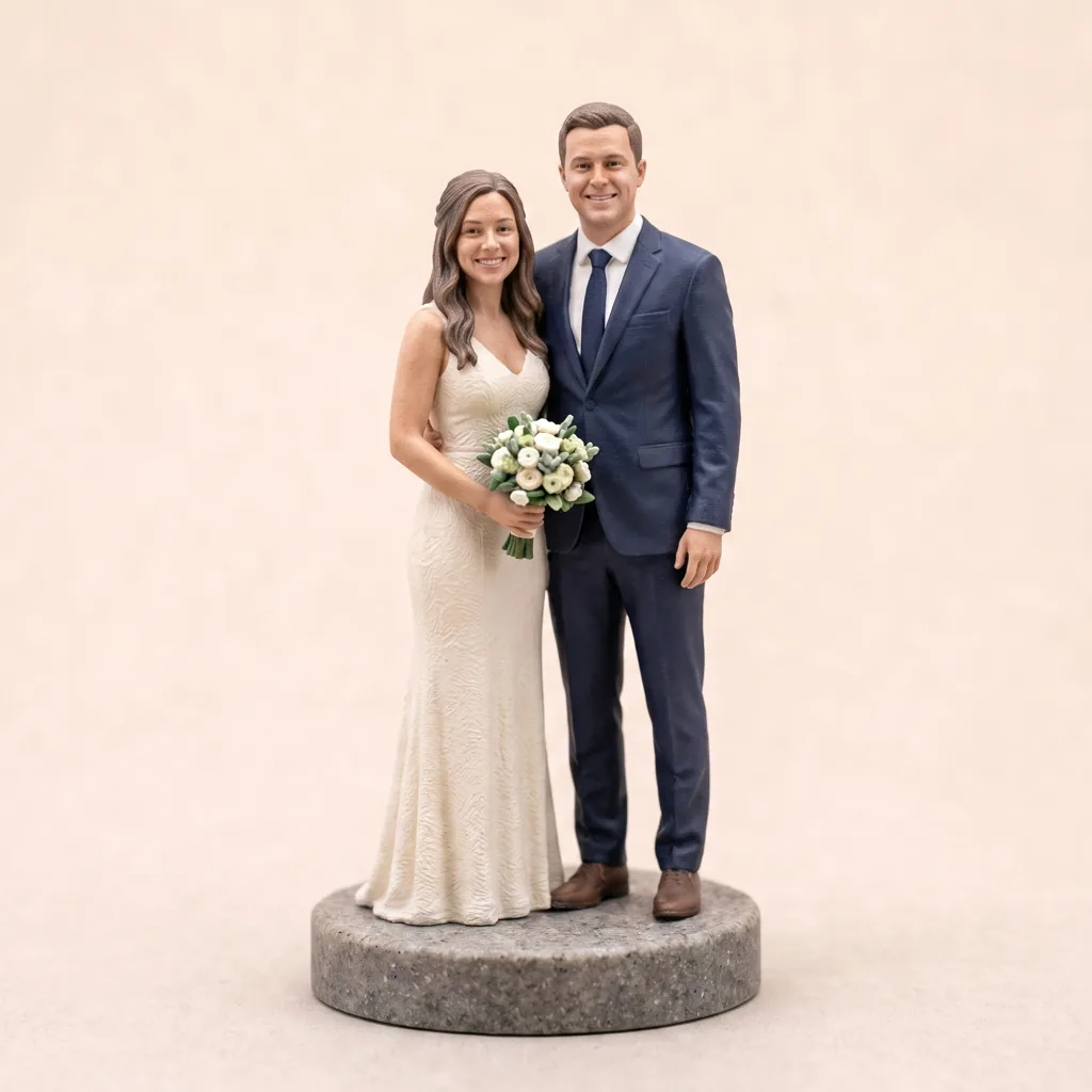 Cake topper de mariage personnalisé : figurine 3D des mariés en résine couleur posée sur l'étage supérieur d'une pièce montée