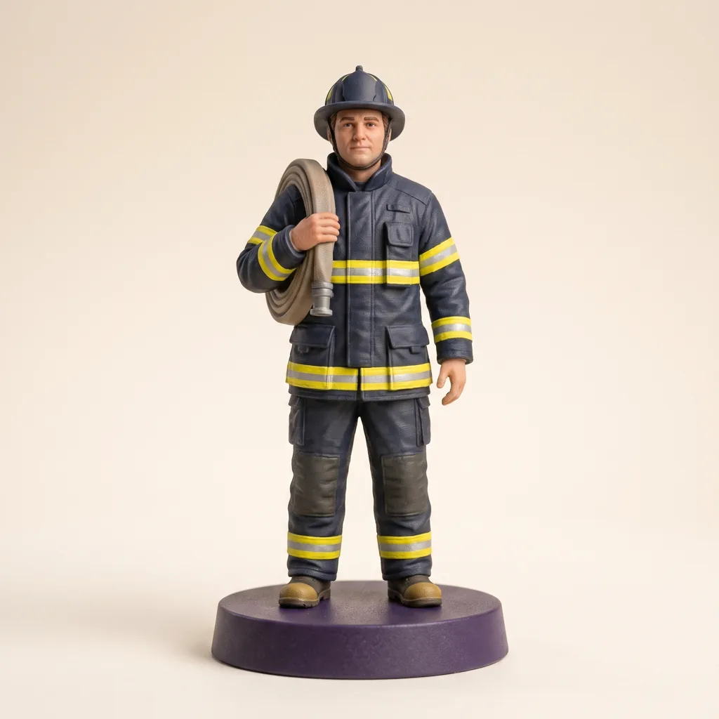 Figurine 3D personnalisée d'un pompier en tenue de feu avec bandes claires, casque tenu sous le bras et prénom gravé sur le socle
