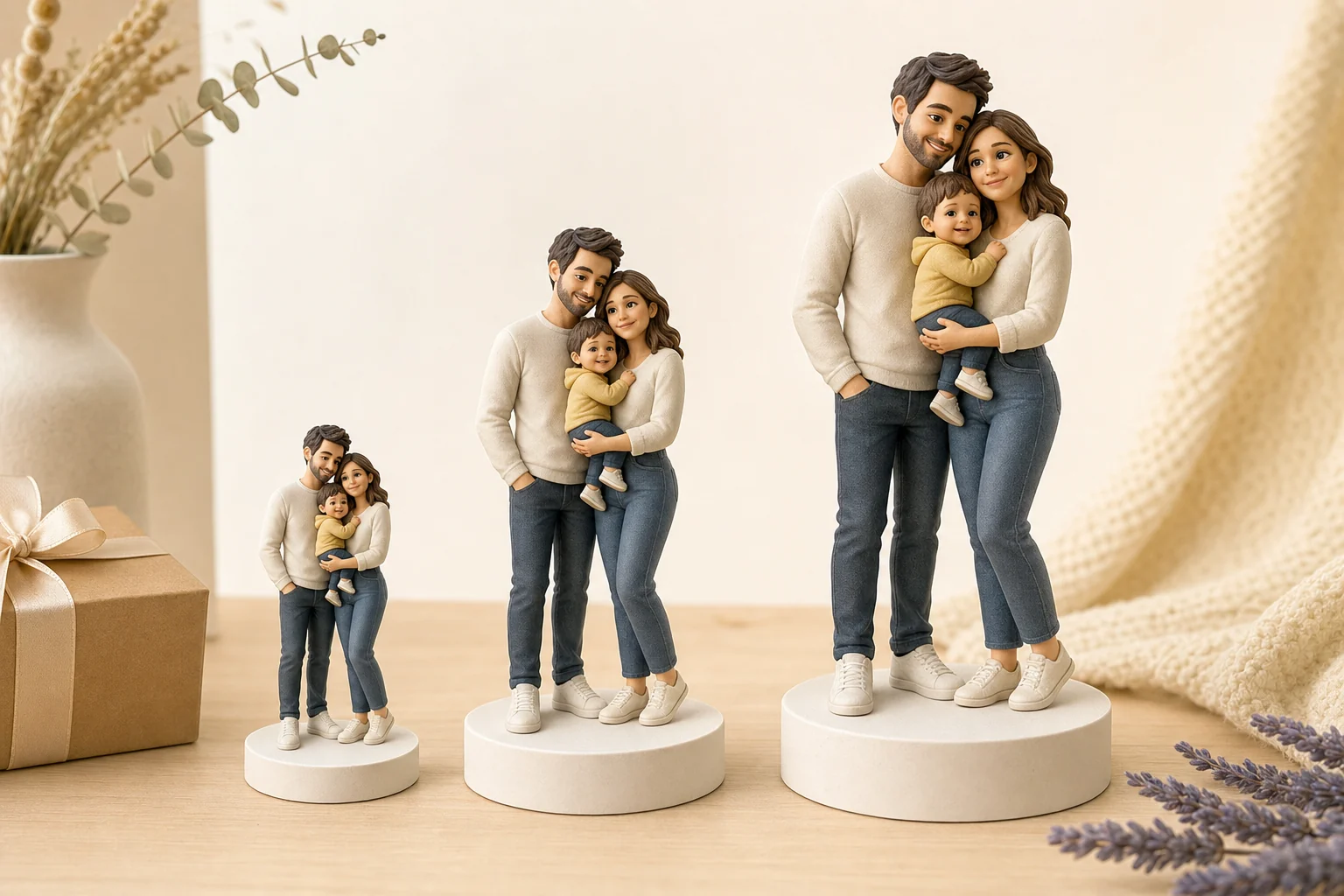 Trois figurines 3D personnalisées posées côte à côte en taille 10 cm, 15 cm et 20 cm sur fond blanc