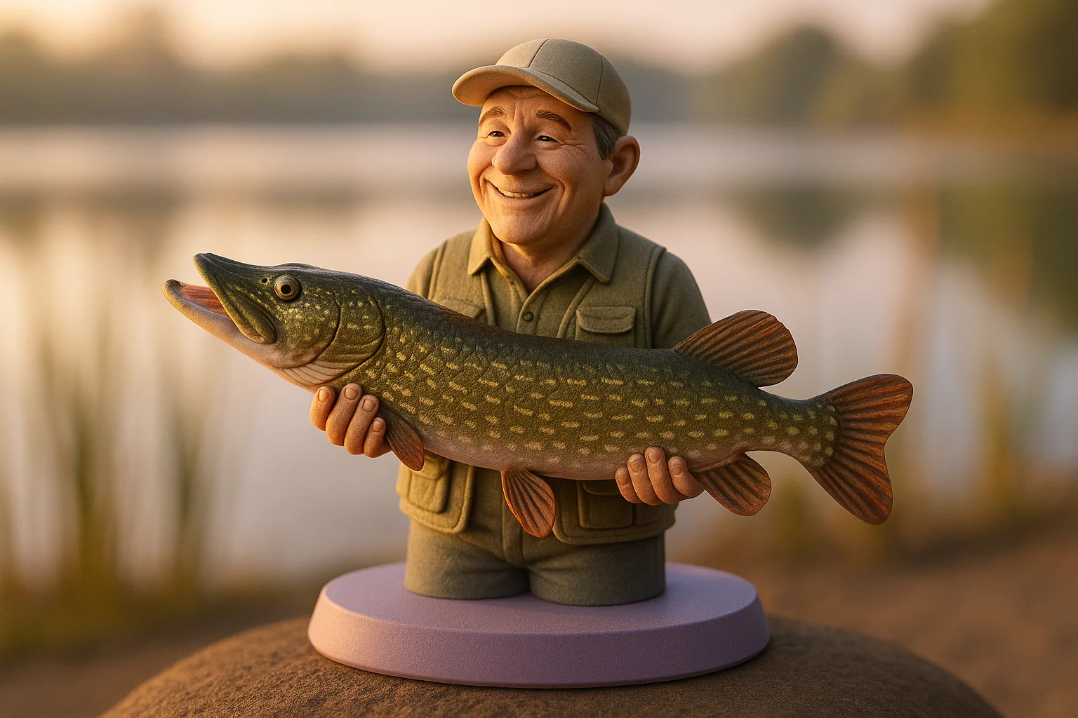 Figurine 3D personnalisée d'un pêcheur tenant un brochet — alternative trophée à la taxidermie