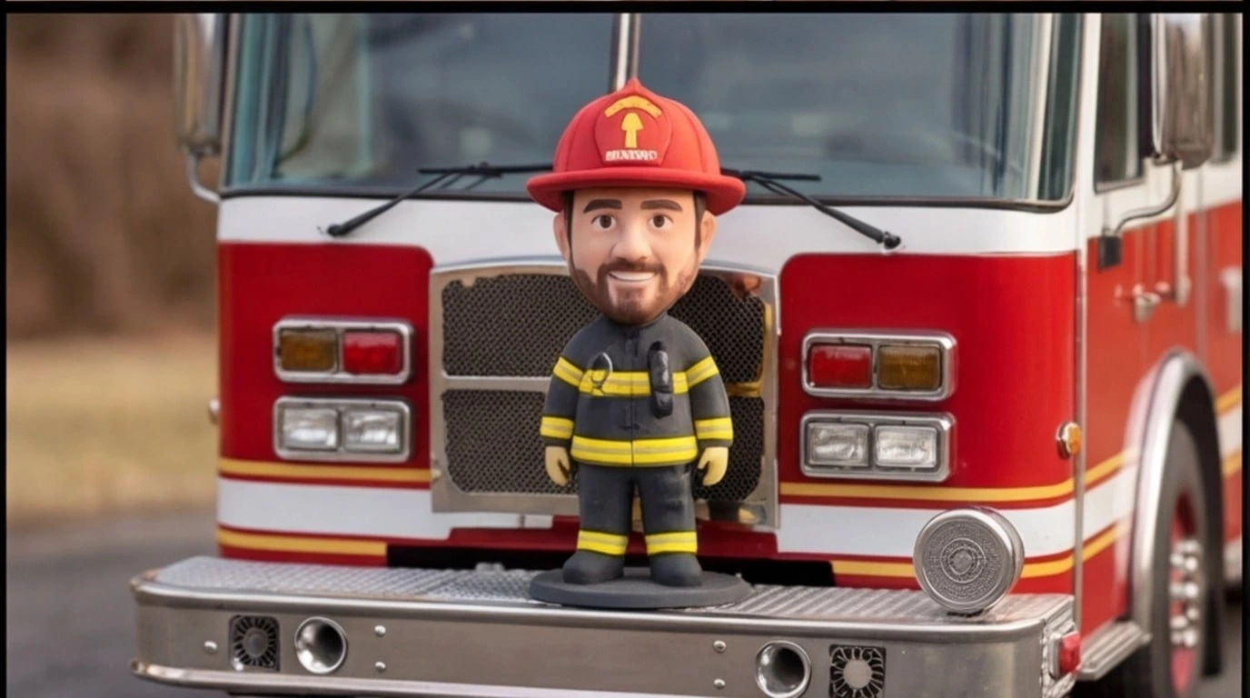 Figurine 3D personnalisee sur mesure 1 sujet 6 cm - Figurine pompier devant camion - MiniU