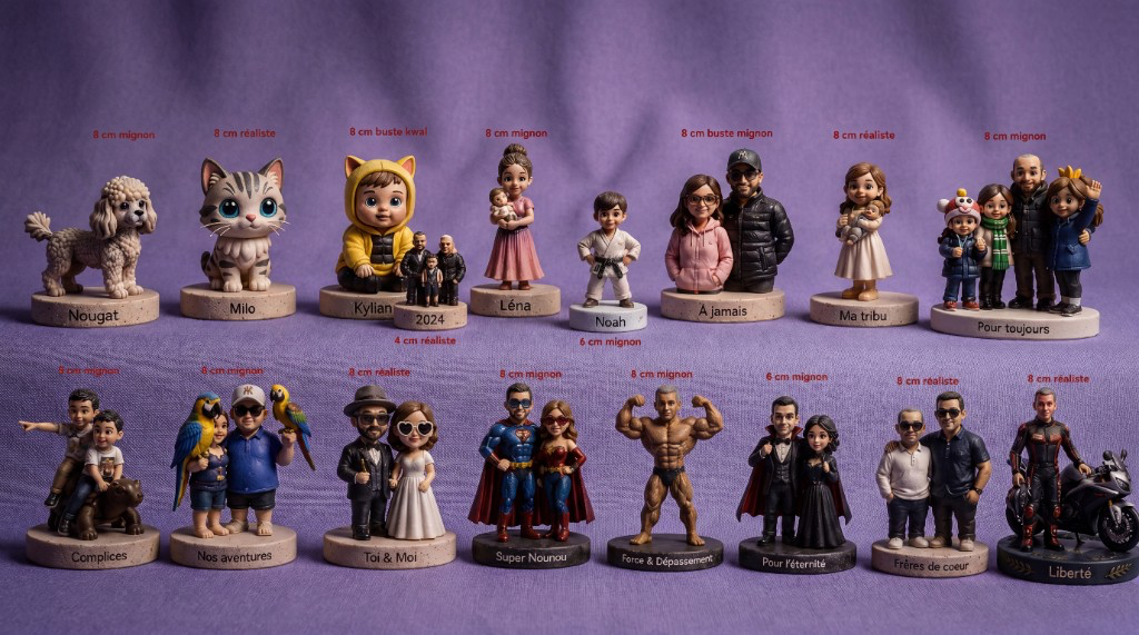 Figurines Miniu photographiées par des clients, montrant le rendu réel en résine mate avec grain subtil.